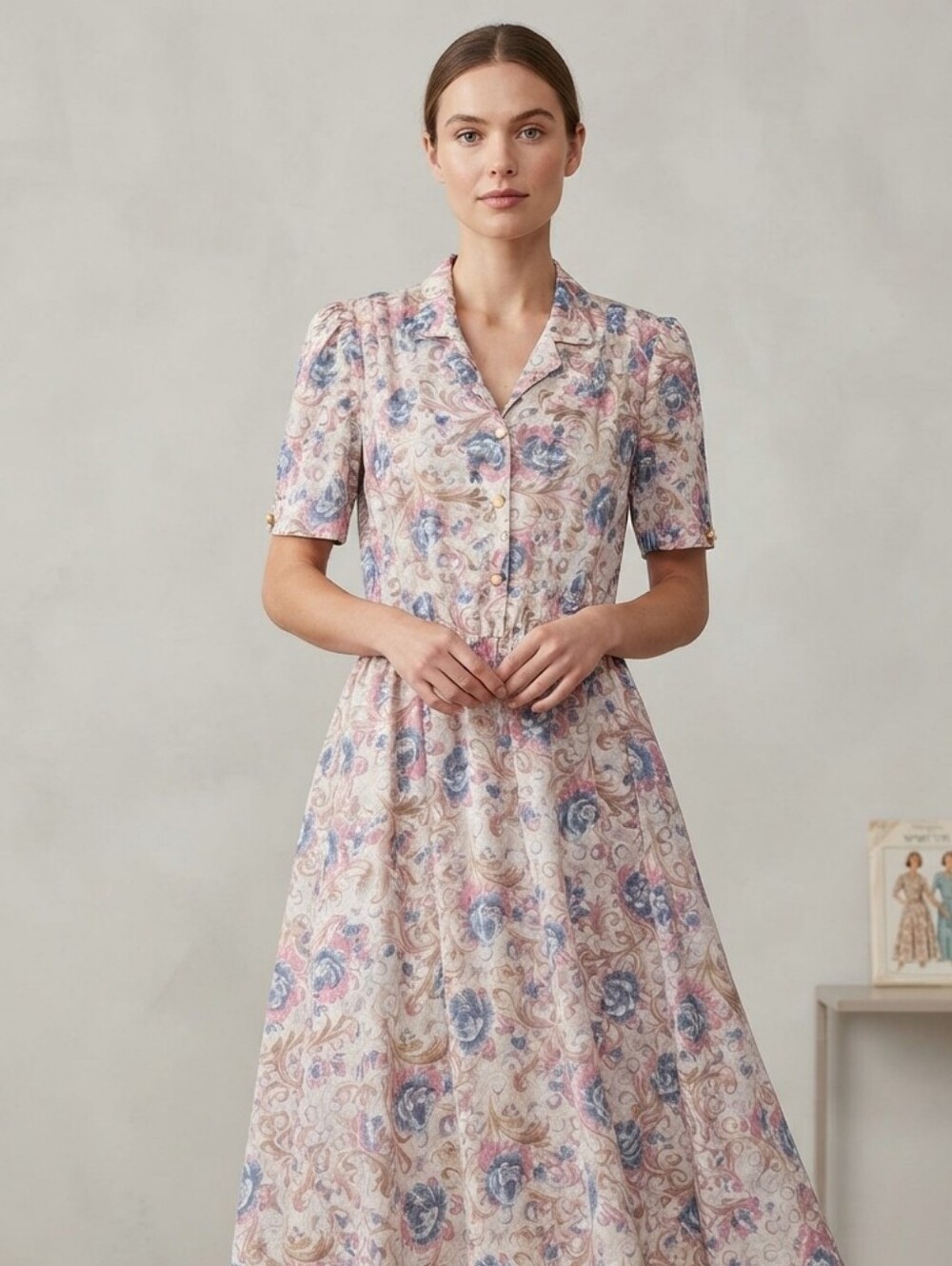 VTG California Looks Floral Midi Dress Pink Blue 14 Shoulder Pads Made in USA